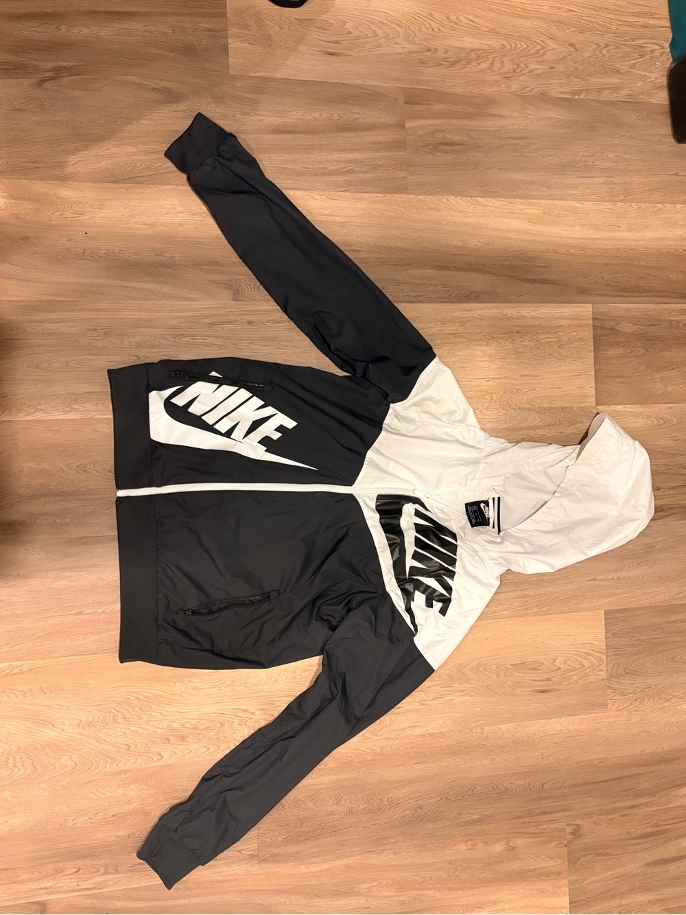 Nike Black and White Colorblock Hooded Bomber Jacket